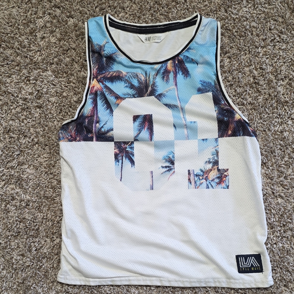H&M Blue and White Tropical Graphic Tank